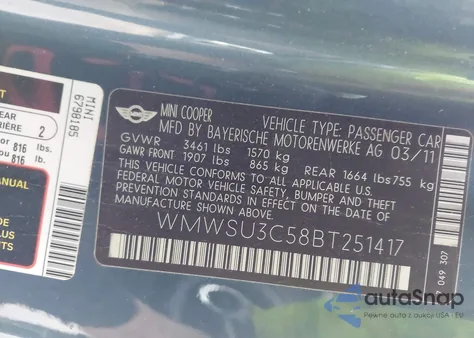 2011 Mini Cooper from USA, damaged, VIN WMWSU3C58BT251417